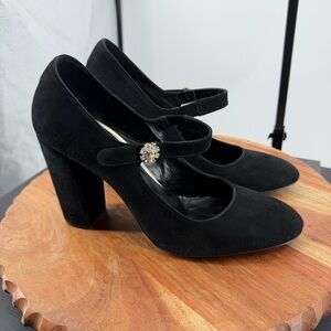 Phillip Hardy Paris Black Suede Mary Jane heels sz 39 rhinestone button